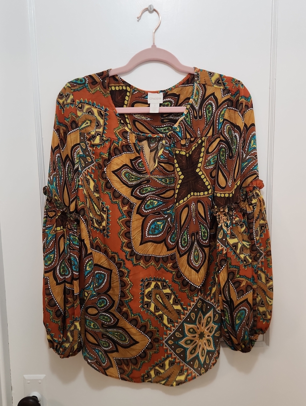 Chico's Mixed Print Chiffon Longsleeve Blouse Top Size 1 (US Size Medium)